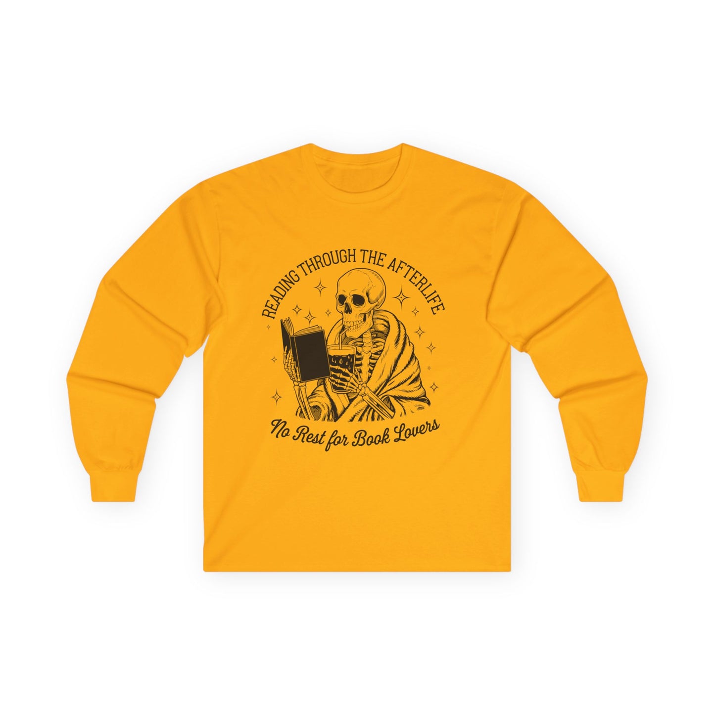 Skeleton Reading Long Sleeve Tee, Perfect for Book Lovers, Halloween Gift, Reading Shirt, Unisex Tee, Literary Apparel, Cozy Shirt