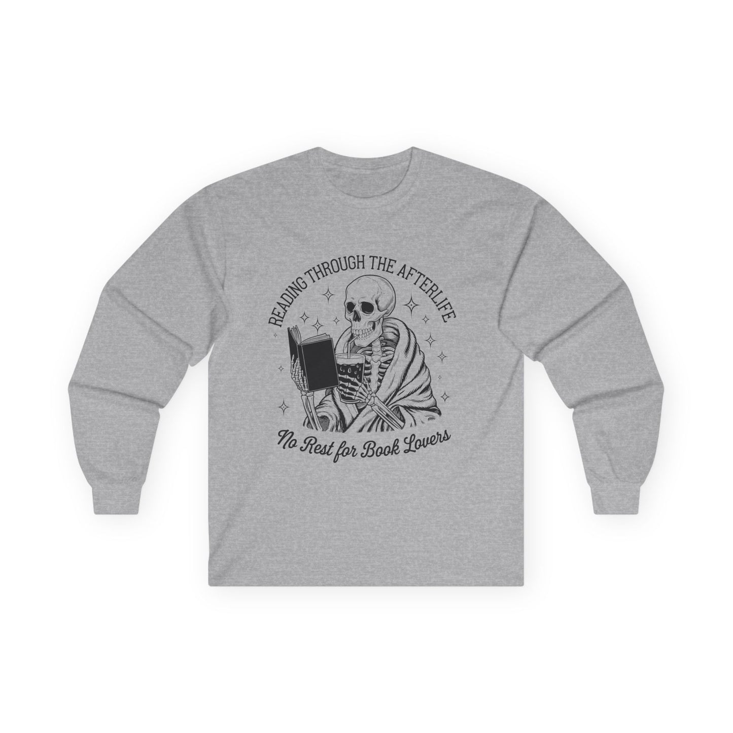 Skeleton Reading Long Sleeve Tee, Perfect for Book Lovers, Halloween Gift, Reading Shirt, Unisex Tee, Literary Apparel, Cozy Shirt