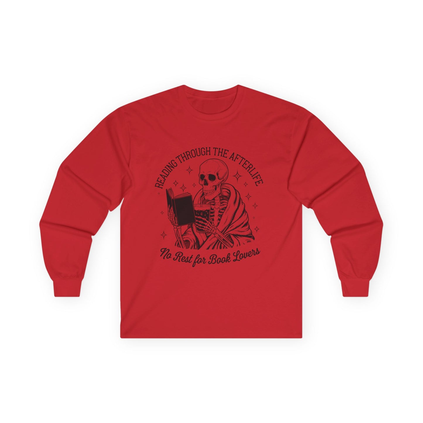 Skeleton Reading Long Sleeve Tee, Perfect for Book Lovers, Halloween Gift, Reading Shirt, Unisex Tee, Literary Apparel, Cozy Shirt
