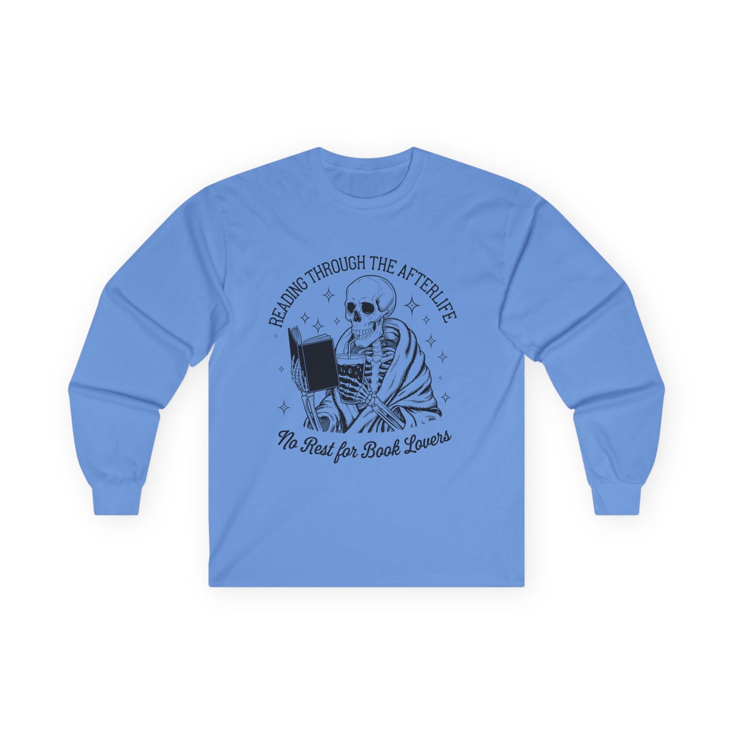 Skeleton Reading Long Sleeve Tee, Perfect for Book Lovers, Halloween Gift, Reading Shirt, Unisex Tee, Literary Apparel, Cozy Shirt