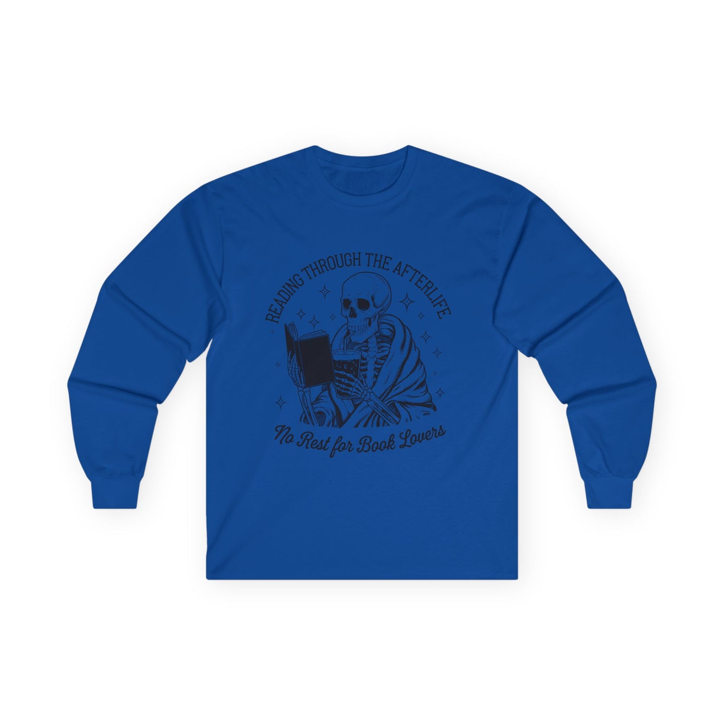 Skeleton Reading Long Sleeve Tee, Perfect for Book Lovers, Halloween Gift, Reading Shirt, Unisex Tee, Literary Apparel, Cozy Shirt