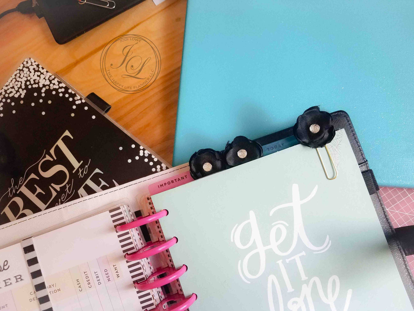 3 Black Flower planner clips