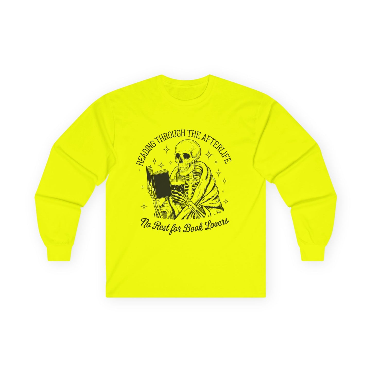 Skeleton Reading Long Sleeve Tee, Perfect for Book Lovers, Halloween Gift, Reading Shirt, Unisex Tee, Literary Apparel, Cozy Shirt