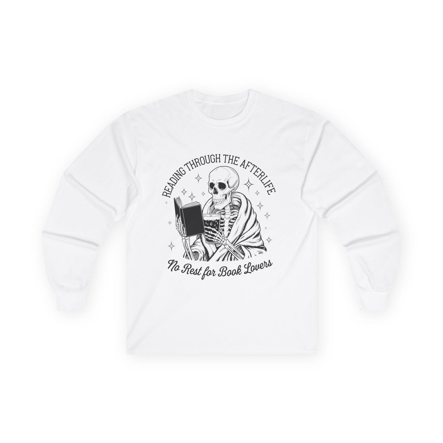 Skeleton Reading Long Sleeve Tee, Perfect for Book Lovers, Halloween Gift, Reading Shirt, Unisex Tee, Literary Apparel, Cozy Shirt