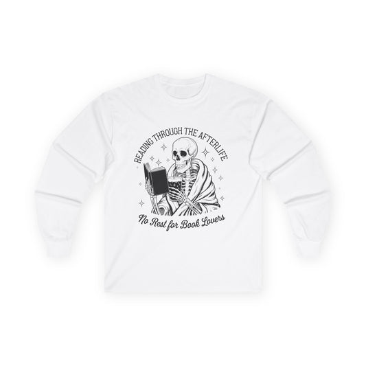 Skeleton Reading Long Sleeve Tee, Perfect for Book Lovers, Halloween Gift, Reading Shirt, Unisex Tee, Literary Apparel, Cozy Shirt