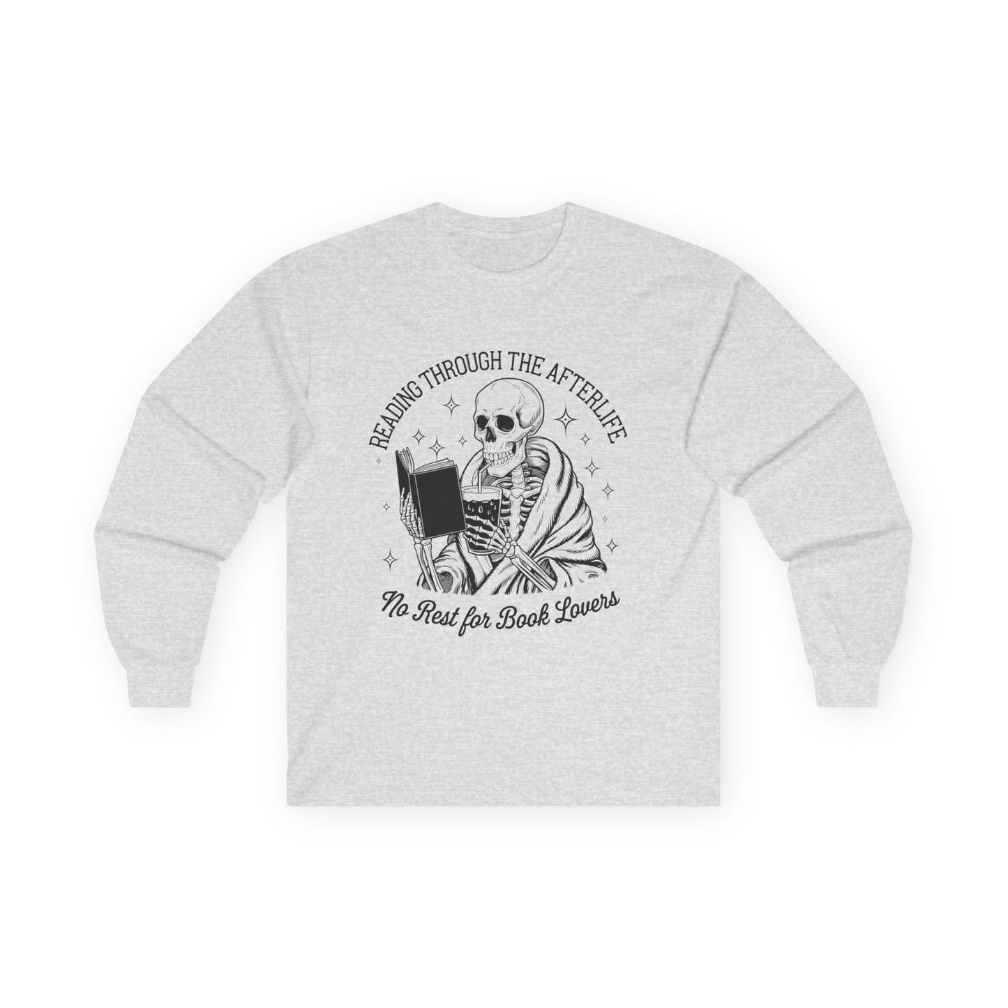 Skeleton Reading Long Sleeve Tee, Perfect for Book Lovers, Halloween Gift, Reading Shirt, Unisex Tee, Literary Apparel, Cozy Shirt