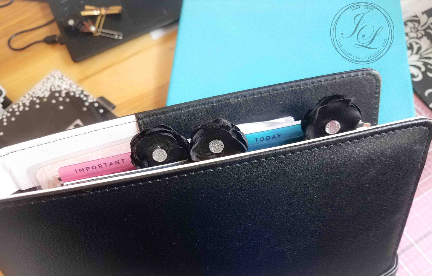 3 Black Flower planner clips