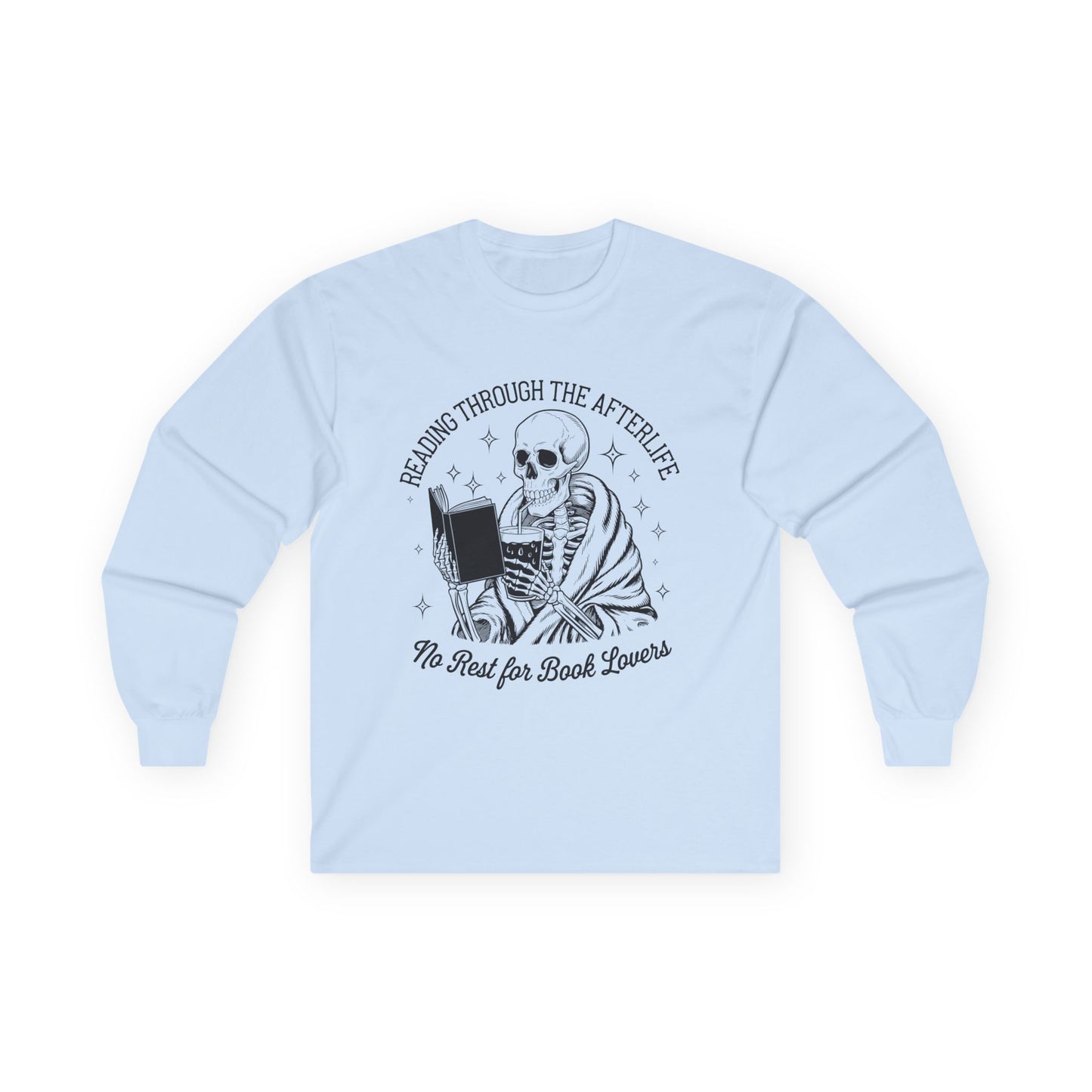 Skeleton Reading Long Sleeve Tee, Perfect for Book Lovers, Halloween Gift, Reading Shirt, Unisex Tee, Literary Apparel, Cozy Shirt