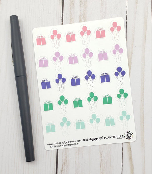 Birthday balloons/gift planner stickers, birthday, balloons, gift box, present stickers, planner stickers, functional stickers
